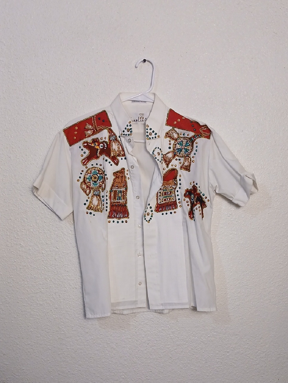 Embellished White Kids Button-Up Shirt with Red & Gold Accents